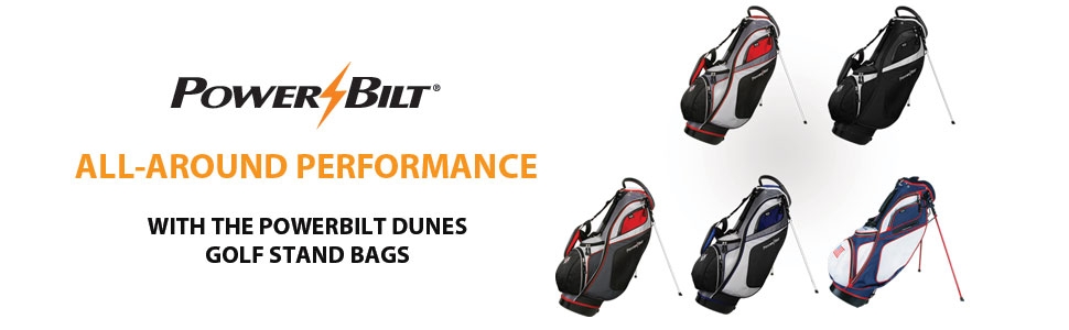 5 colored golf bags, text "All-Around Performance with the PowerBilt Dunes Golf Stand Bags"